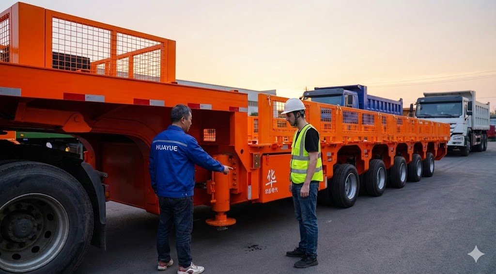 HUAYUE engineer providing on-site technical training on hydraulic landing legs of mobile substation trailer to client