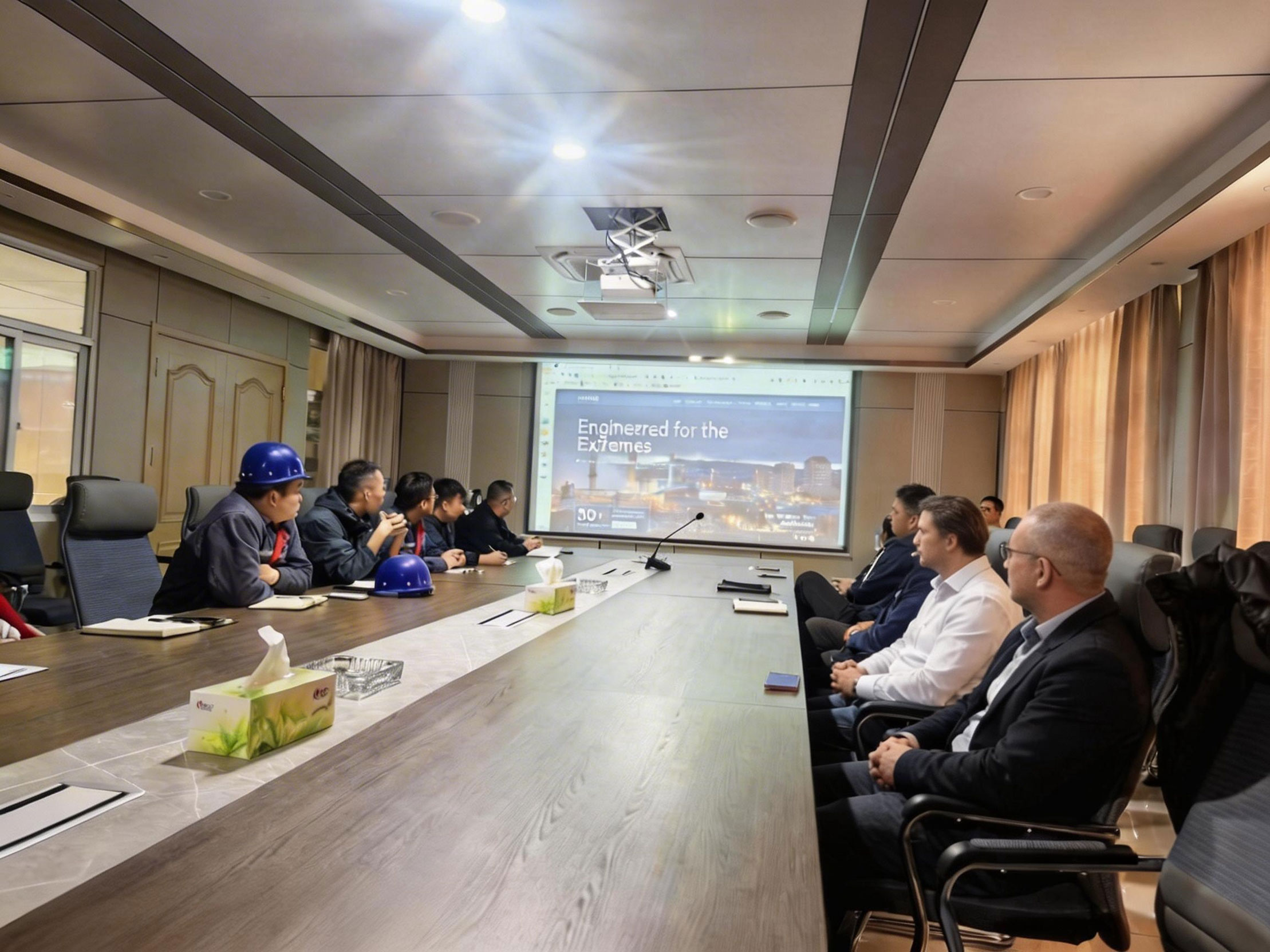 International clients and HUAYUE engineering team discussing technical specifications for the 7 axle mobile substation transport trailer